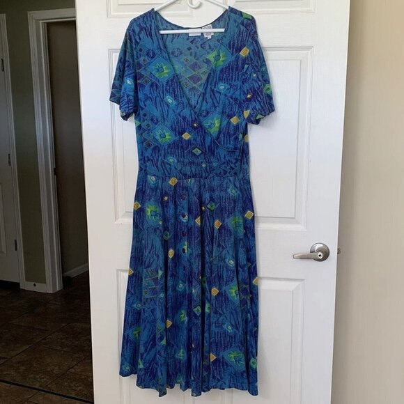 Newport News Women's Large Maxi Dress Floral Geometric Blue Button Vintage - Picture 1 of 11